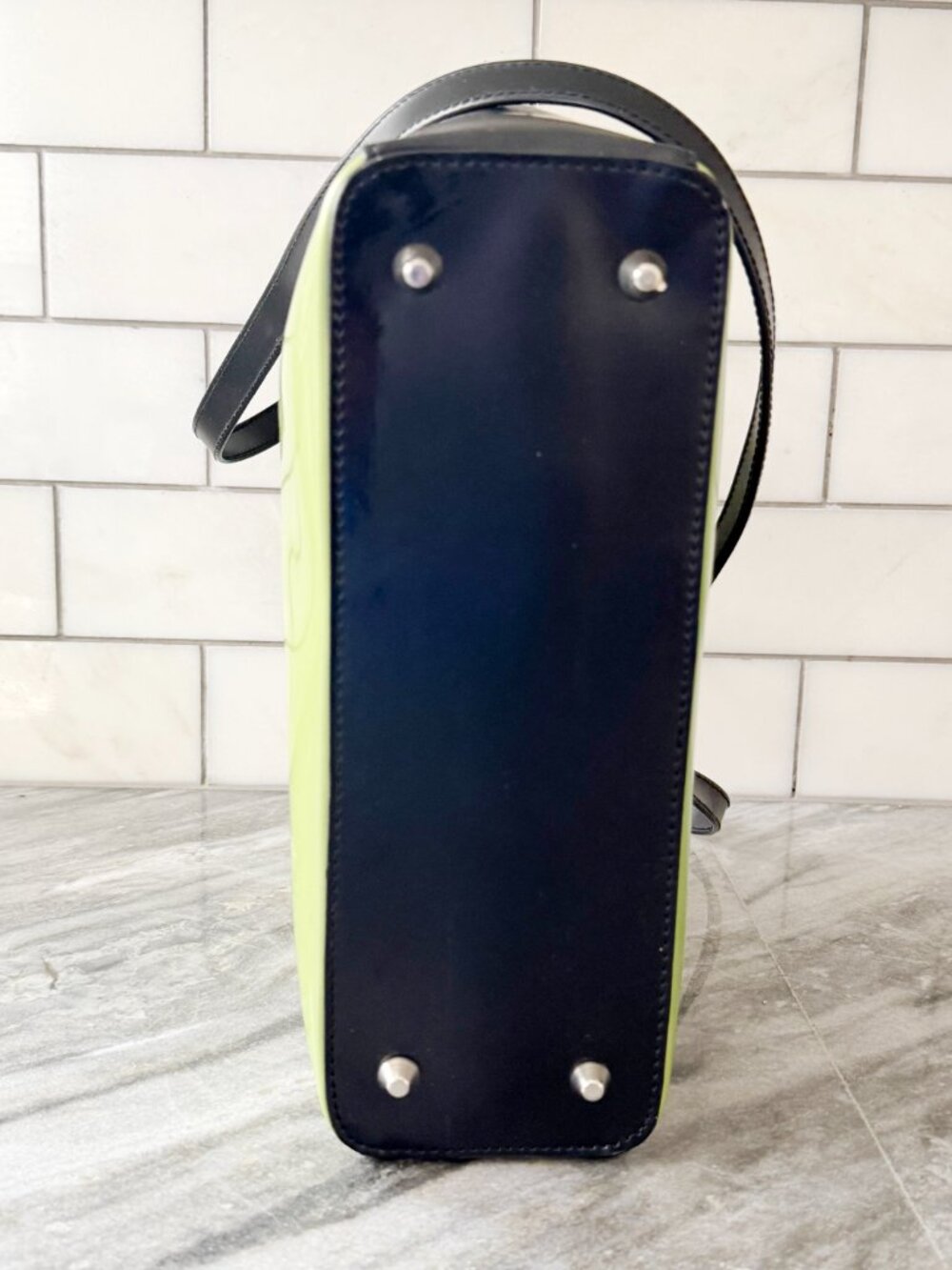 Beijo Vintage Y2K Lime Green/Black Patent Satchel Crossbody Bag Metal Handle - Picture 3 of 13
